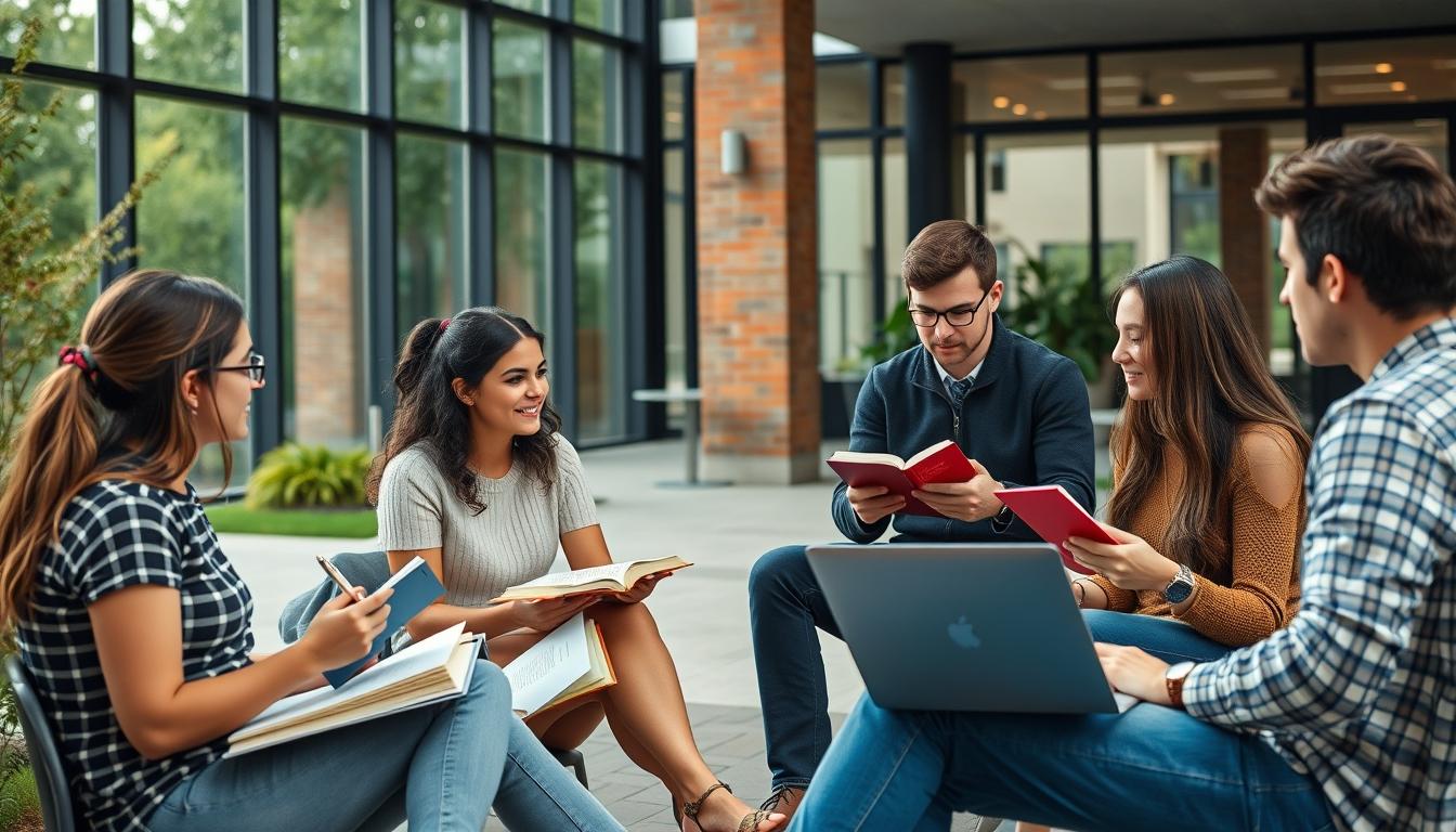 Students studying together in modern classroom